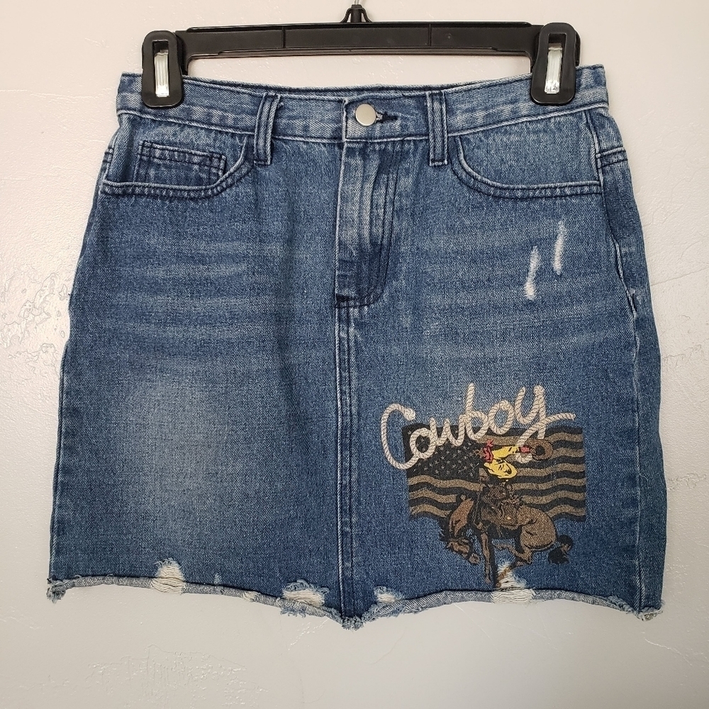 Hayden Girls 13/14 Blue Jean Mini Denim Skirt Cowboy Graphic Bucking Horse NFR